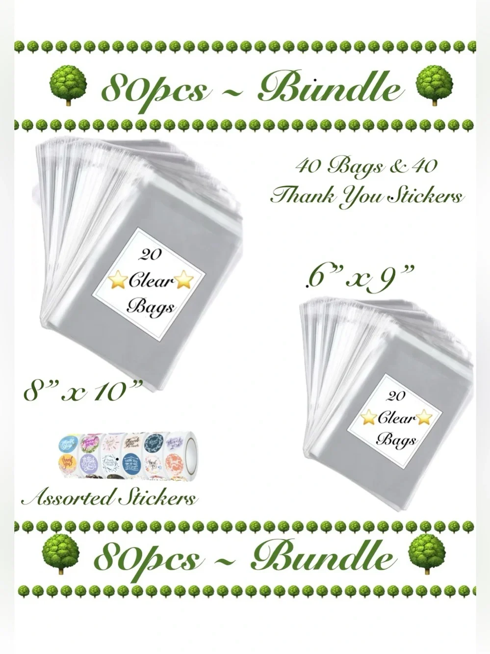 80pcs Bundle includes 20ct 6x9” & 20ct 8x10” Clear Cello Bags w/40ct Stickers 🆕